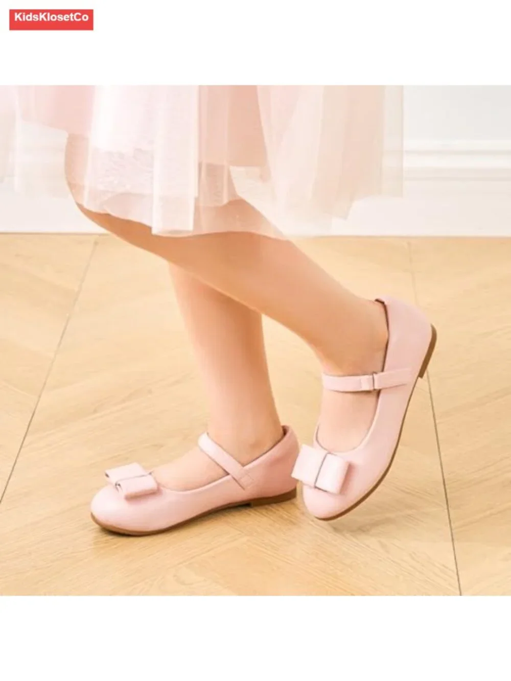 Girls Mary Jane Flats with Bow Faux Leather Hook & Loop Dress Shoes